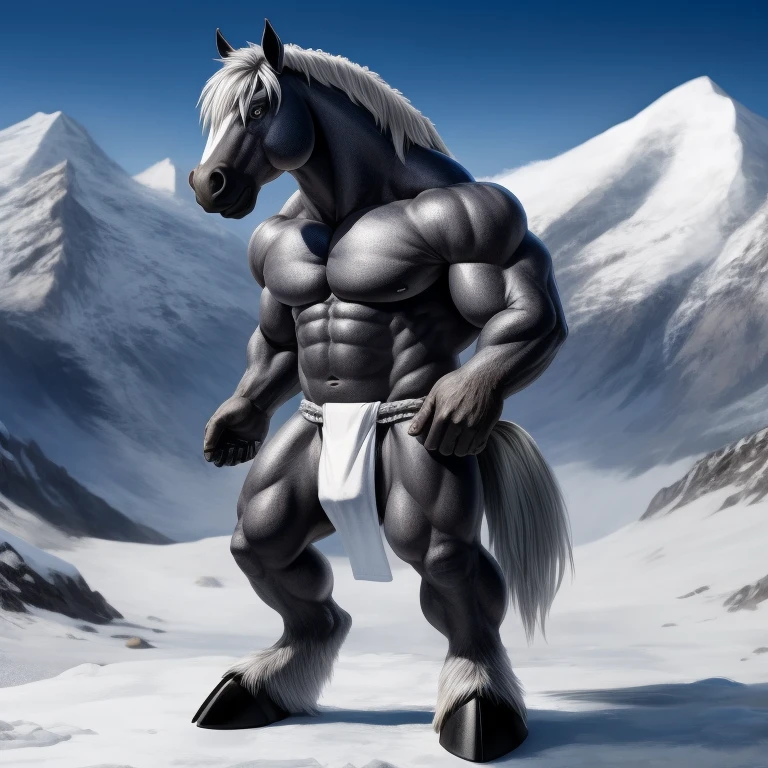 Furry, Antro, [Horse color Gris Plateado Brillante metal] , [Fundoshi Bulto Male Big], [Fundoshi Blanco], Solo, [Bulto Male Big], Hooves , Big Balls, Detallado 4k, cuerpo completo, cuerpo furry silver dark, snowy mountain, Eyes Pupil Marron, Alta resolucion, 