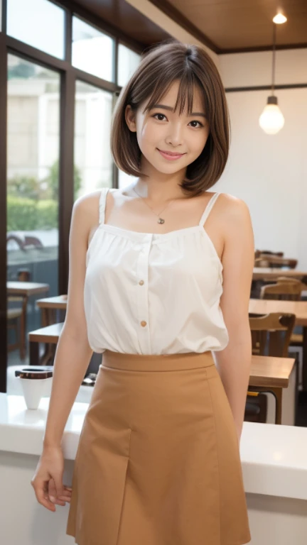 highest quality,Best image quality,Ultra-high resolution,8K,(Hyperrealism:1.1),High saturation,(Realistic:1.2),Accurate anatomy,Depth of written boundary,Ideal Body,Japanese,18 year old beautiful girl,Beauty,cute,A kind smile,Brown Hair,Short Bob Hair,(Droopy eyes:1.2),slightly thin lips,E cup breasts,Soft Breasts,Rounded ass,Realistic Skin,(sunburned:1.4),(Wheat skin:1.4),(Height: 154cm:1.2),1 girl,The whole body is visible,(Cafe staff:1.4),女の子のcuteランダムなポーズ,Stylish cafe,(Light brown skirt:1.2),(White blouse:1.2),
