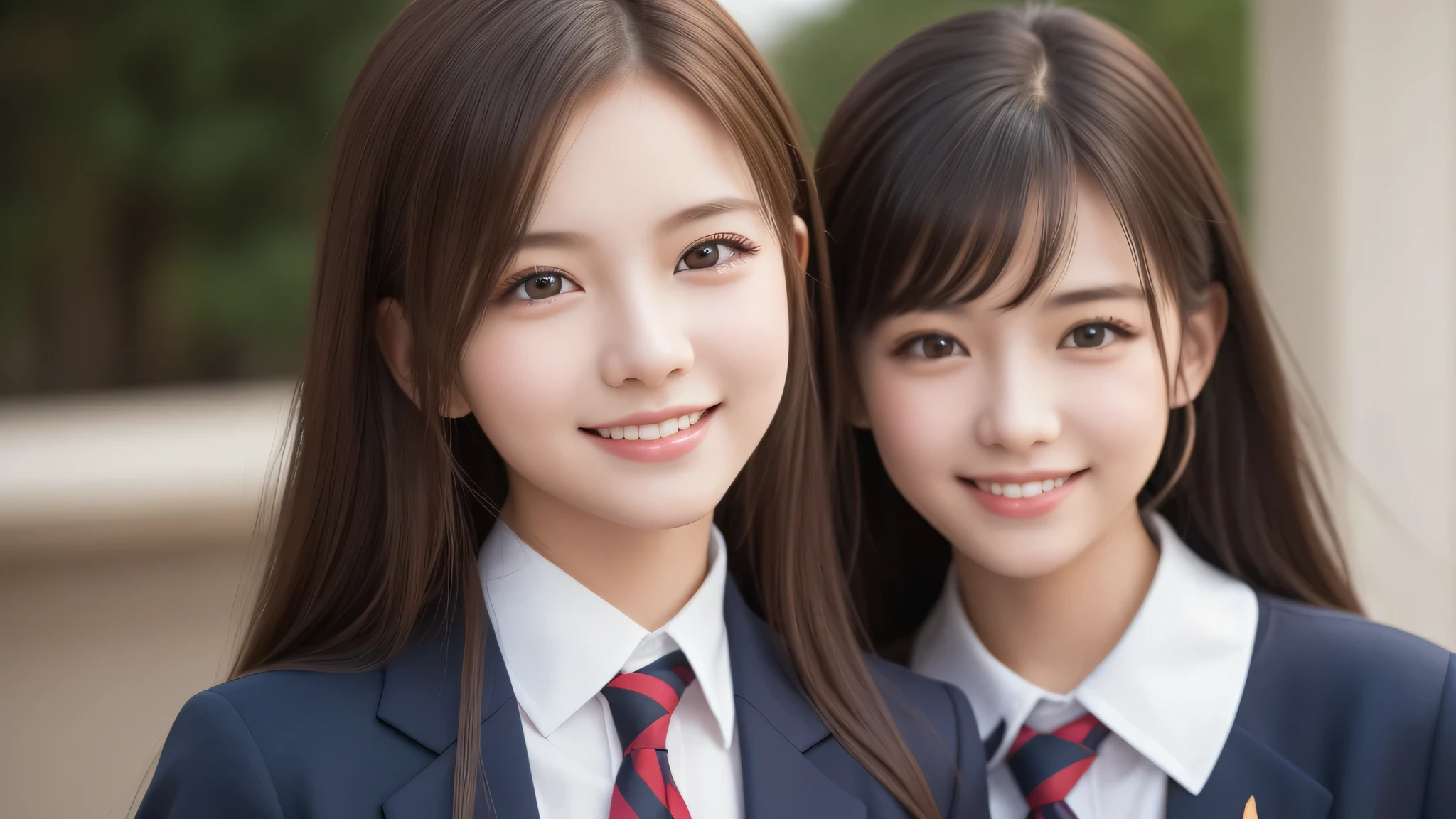 2girl, beautiful girls, enchanting smile, (highly detailed eyes, highly detailed face), Fresh, very clean appearance, (hyper-realistic, hight resolution), (best Quality:1.4), Professional Photography, (high school uniform:1.2), focus on the face,