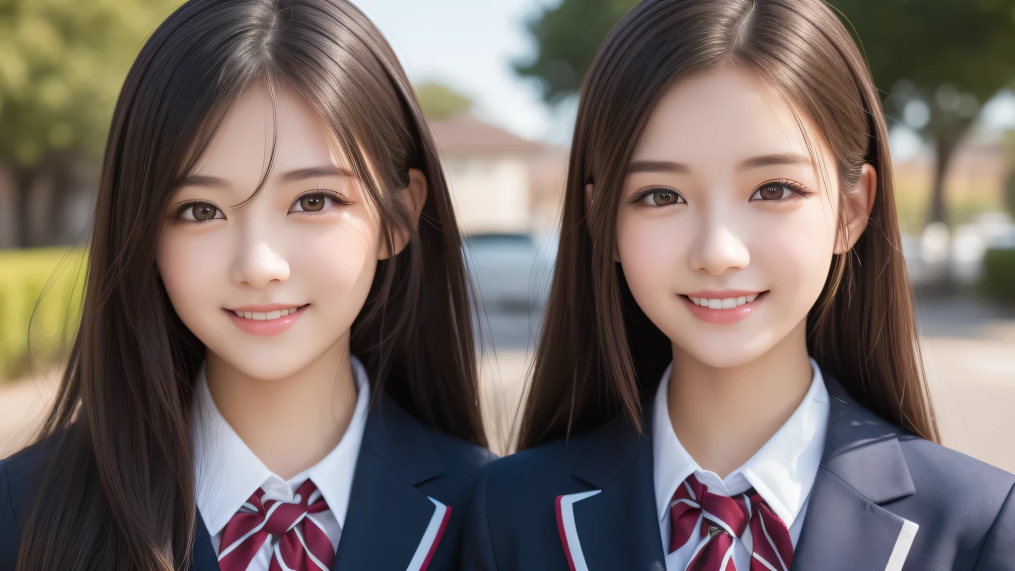 2girl, beautiful girls, enchanting smile, (highly detailed eyes, highly detailed face), Fresh, very clean appearance, (hyper-realistic, hight resolution), (best Quality:1.4), Professional Photography, (high school uniform:1.2), focus on the face, 
