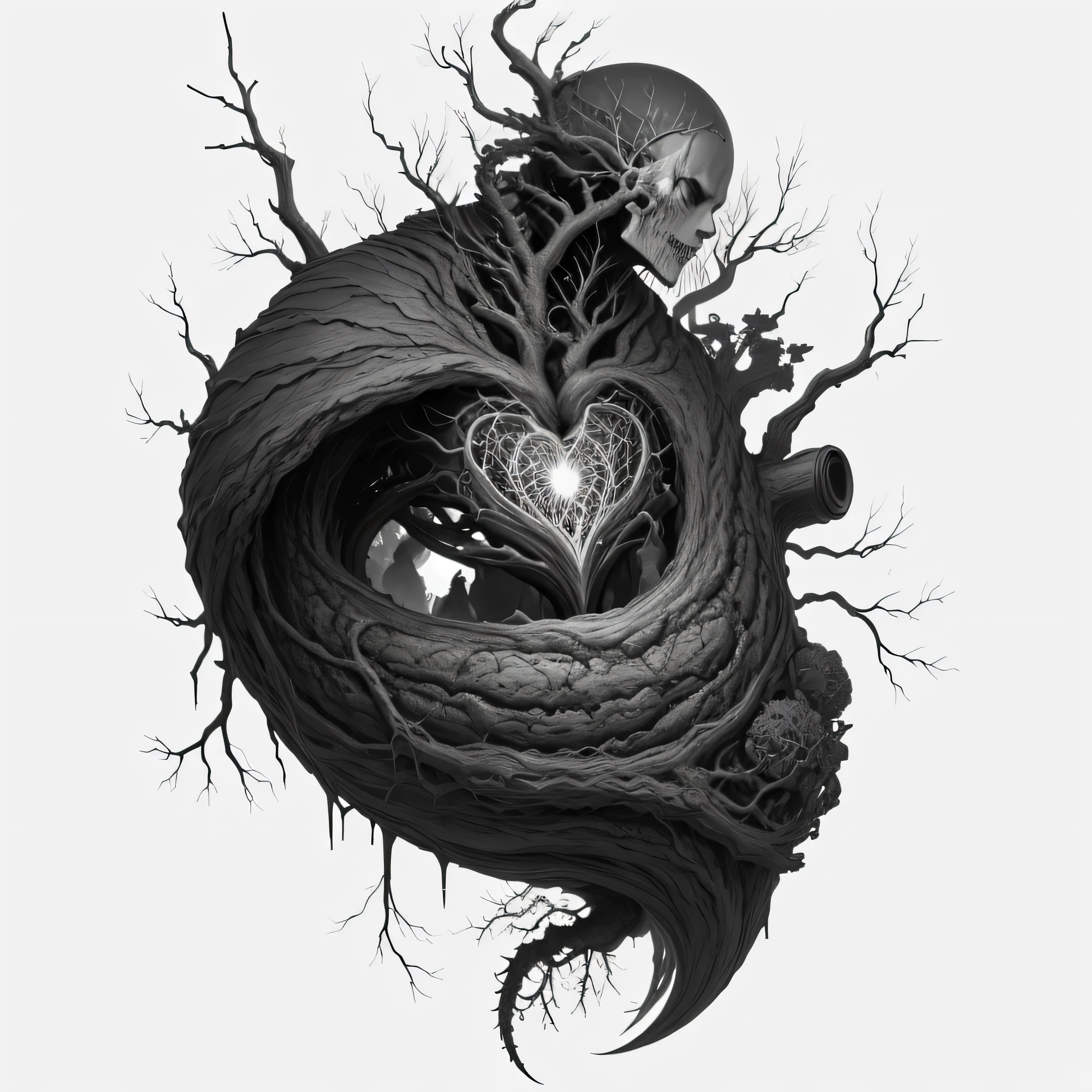 a black and white drawing of a human heart with a tree growing out of it, anatomical heart, gothic harts, real heart, human heart, anatomically correct heart, rhizomatic lifeform, anton semenov, highly detailed dark art, gotic harts, aorta, lovecraftian creature, alex pardee, nicolas delort
