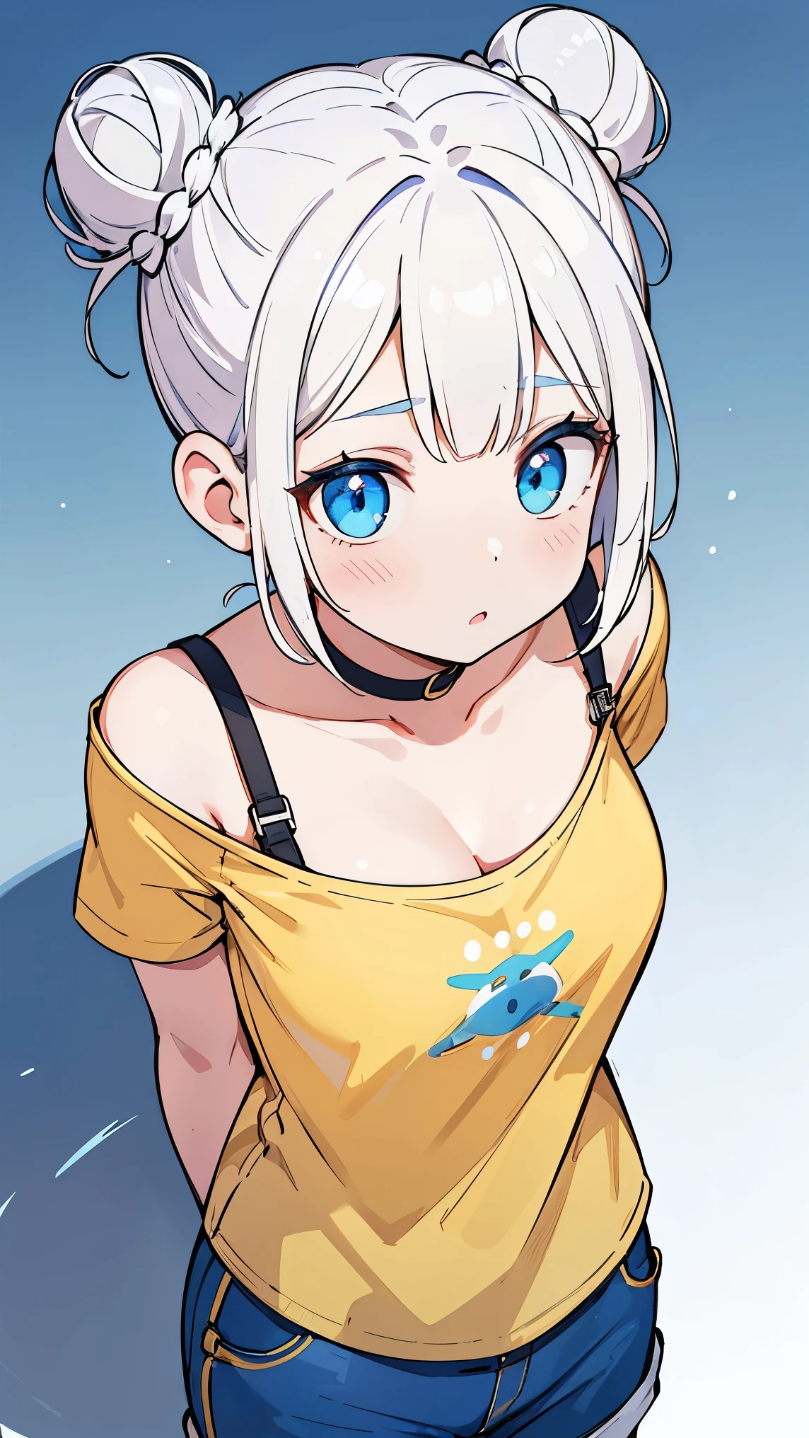 (Girl1,round face,blue eyes),(white hair,double buns hairstyle),(yellow t-t-shirt illusion neckline,blue short pants),standing,black wallpaper,Highly detailed ,8K wallpapers,high resolution, beautiful lighting,detailed shadow, high resolution،highly detailed,detailed faces and eyes,realistic eyes