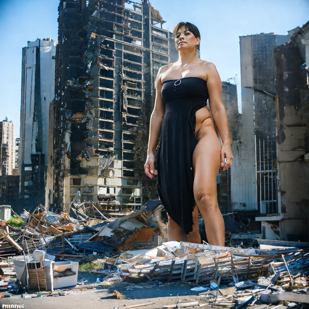 Eine nackte schwangere Frau, stands in destroyed city.