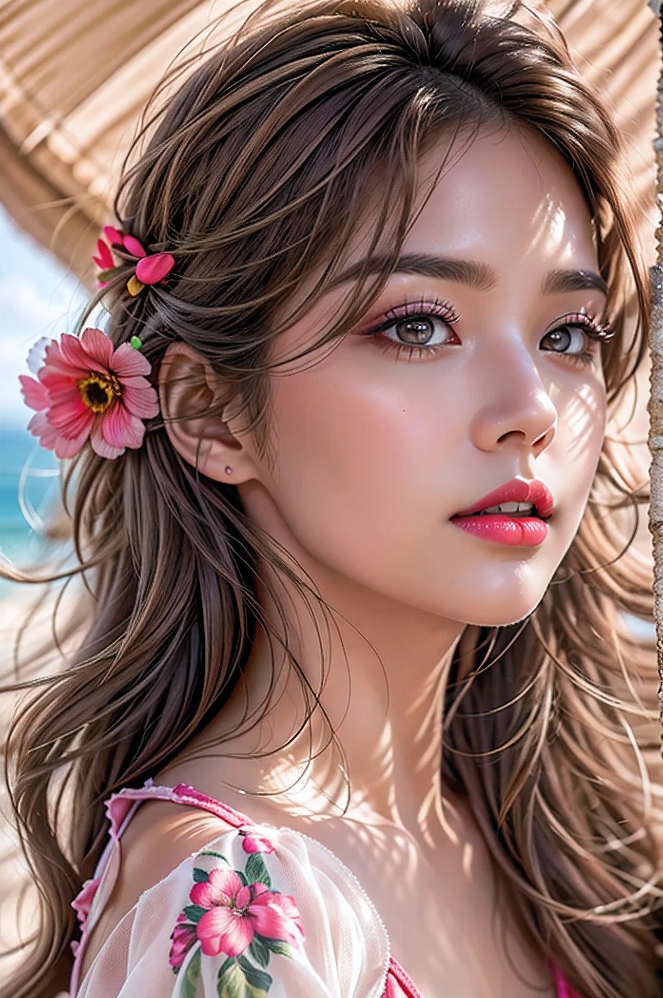 ((Ultra-realistic最high quality))16k resolution, ((photo realistic:1.55)), (1girl:1.4) 21years old、fashion supermodel、cinematic lighting, (Increase quality:1.2), (best quality real texture skin:1.2), (ultra detailed eyes:1.2)), finely detailed face, (finely quality eyes), (tired and sleepy and satisfied:0.0), (detailed lips:1.33)、(Detailed nose:1.2)、(((chrone:1.3))), (Increase body line mood:1.1), (Increase skin texture beauty:1.3), ((ccurate, award winning:1.4)), ((sharp focus)), (small head: 1.4)、(slim face), pink_makeup:1.25, long_blue_eyeliner:1.2, (red_lipstick:1.32), ((brown_eyes:1.35)) perfect dark_eyeshadows:1.3, Beautiful and charming woman in fashion trend, full body: 1.6, holding flowers, random hairstyle, sitting under a parasol, by the sea, tight slip dress random color, wind blowing hair, blue sky and white clouds, delicate sexy collarbone, covering chest, charming goose egg face, double eyelids, smart peach blossom eyes, pink lips, small upturned nose, bare shoulders, focused face, face close-up, ultra-high definition, super detail, ultra-thin translucency, fresh and good, see-through, pink