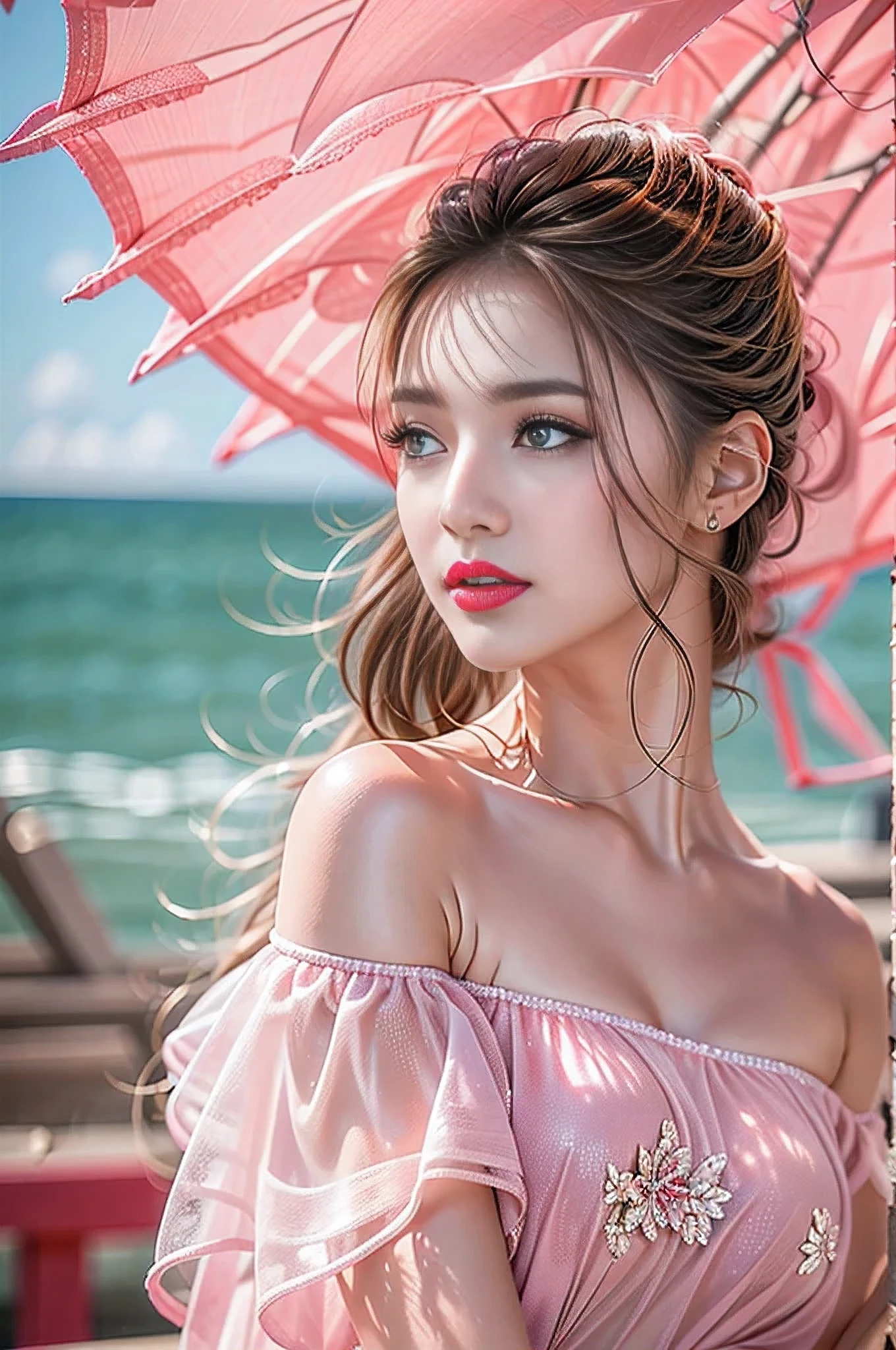 ((Ultra-realistic最high quality))16k resolution, ((photo realistic:1.55)), (1girl:1.4) 21years old、fashion supermodel、cinematic lighting, (Increase quality:1.2), (best quality real texture skin:1.2), (ultra detailed eyes:1.2)), finely detailed face, (finely quality eyes), (tired and sleepy and satisfied:0.0), (detailed lips:1.33)、(Detailed nose:1.2)、(((chrone:1.3))), (Increase body line mood:1.1), (Increase skin texture beauty:1.3), ((ccurate, award winning:1.4)), ((sharp focus)), (small head: 1.4)、(slim face), pink_makeup:1.25, long_blue_eyeliner:1.2, (red_lipstick:1.32), ((brown_eyes:1.35)) perfect dark_eyeshadows:1.3, Beautiful and charming woman in fashion trend, full body: 1.6, holding flowers, random hairstyle, sitting under a parasol, by the sea, tight slip dress random color, wind blowing hair, blue sky and white clouds, delicate sexy collarbone, covering chest, charming goose egg face, double eyelids, smart peach blossom eyes, pink lips, small upturned nose, bare shoulders, focused face, face close-up, ultra-high definition, super detail, ultra-thin translucency, fresh and good, see-through, pink