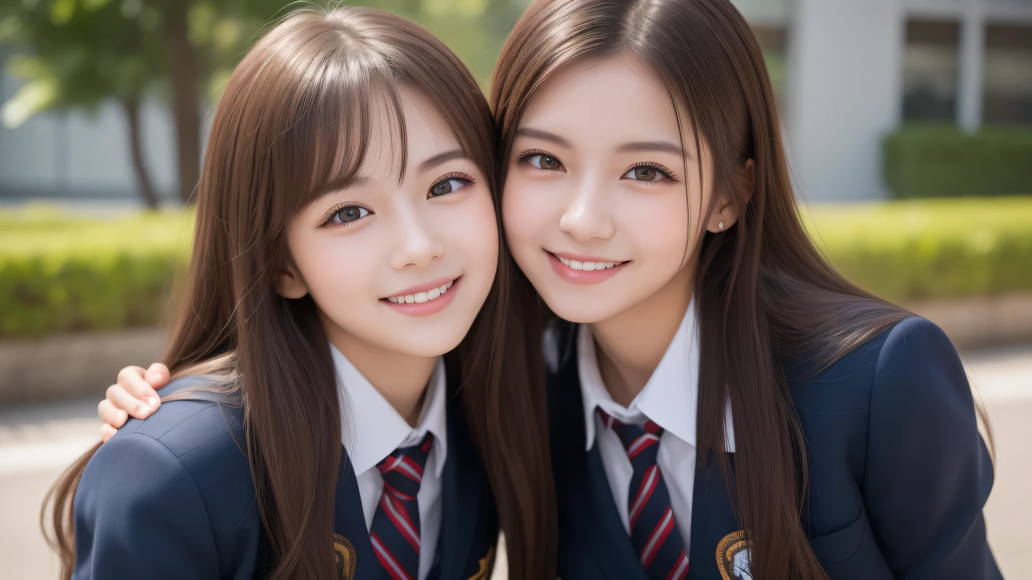 2girl, beautiful girls, enchanting smile, (highly detailed eyes, highly detailed face), Fresh, very clean appearance, (hyper-realistic, hight resolution), (best Quality:1.4), Professional Photography, (high school uniform:1.2), focus on the face,
