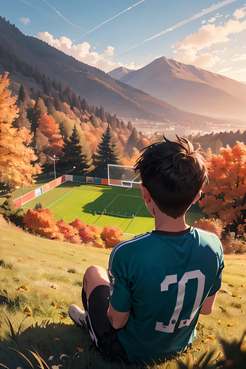 evening，There was a 16-year-old boy sitting on the hill with his back to us wearing normal clothes.，Looking down at the fierce football match at the foot of the mountain，In autumn, the grass is green，The view is from above his head.，We can also watch the game
