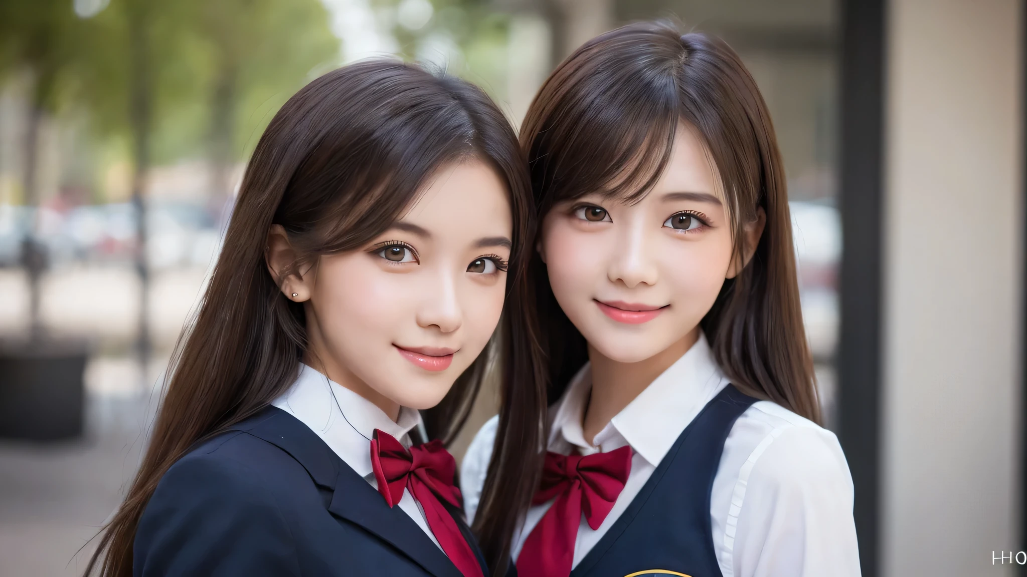 2girl, beautiful girls, enchanting smile, (highly detailed eyes, highly detailed face), Fresh, very clean appearance, (hyper-realistic, hight resolution), (best Quality:1.4), Professional Photography, (high school uniform:1.2), focus on the face,