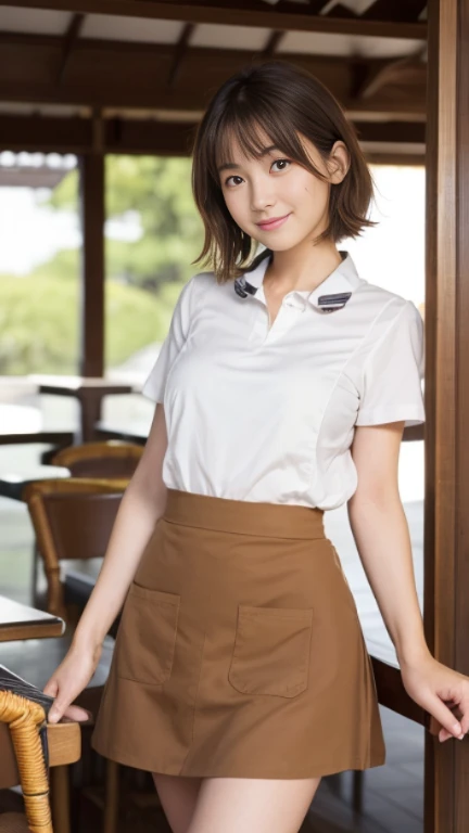 highest quality,Best image quality,Ultra-high resolution,8K,(Hyperrealism:1.1),High saturation,(Realistic:1.2),Accurate anatomy,Depth of written boundary,Ideal Body,Japanese,18 year old beautiful girl,Beauty,cute,A kind smile,Brown Hair,Short Bob Hair,(Droopy eyes:1.2),slightly thin lips,E cup breasts,Soft Breasts,Rounded ass,Realistic Skin,(sunburned:1.4),(Wheat skin:1.4),(Height: 154cm:1.2),1 girl,The whole body is visible,(Cafe staff:1.4),のcuteランダムなポーズ,(I have a tray:1.2),Stylish cafe,(Light brown skirt:1.2),(White blouse:1.2),(Dark brown apron:1.2),