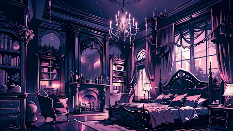 background、highest quality、detailed、Gothic atmosphere、Room illustration、、Illustration in black and pink tones、spacious room、night、深night、窓から美しいnight空、lace curtains、Gothic bed、one chandelier、Gothic furniture、Bookshelf、Plush rug、There are no living things、wide range composition、Deformed illustration、Dark atmosphere、nightの静けさ、Starry Sky、Crescent Moon、Crescent Moonと星の電飾、Nobody is here