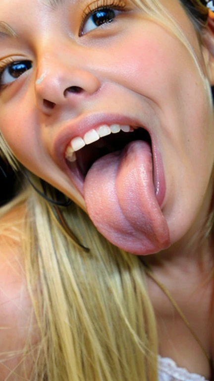 Japanese woman, beautiful girl, gal, blonde, , highest quality realistic skin, eyes in focus, 20 years old, sticking out tongue, focus on mouth, open mouth, long tongue, saliva, open mouth wide, inside of mouth visible, open mouth and sticking out tongue 