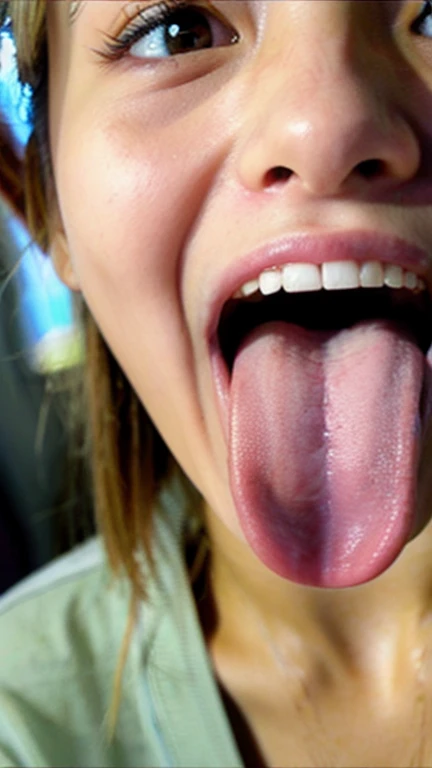 Japanese woman, beautiful girl, gal, blonde, baby face, highest quality realistic skin, eyes in focus, 20 years old, sticking out tongue, focus on mouth, open mouth, long tongue, saliva, open mouth wide, inside of mouth visible, open mouth and sticking out tongue