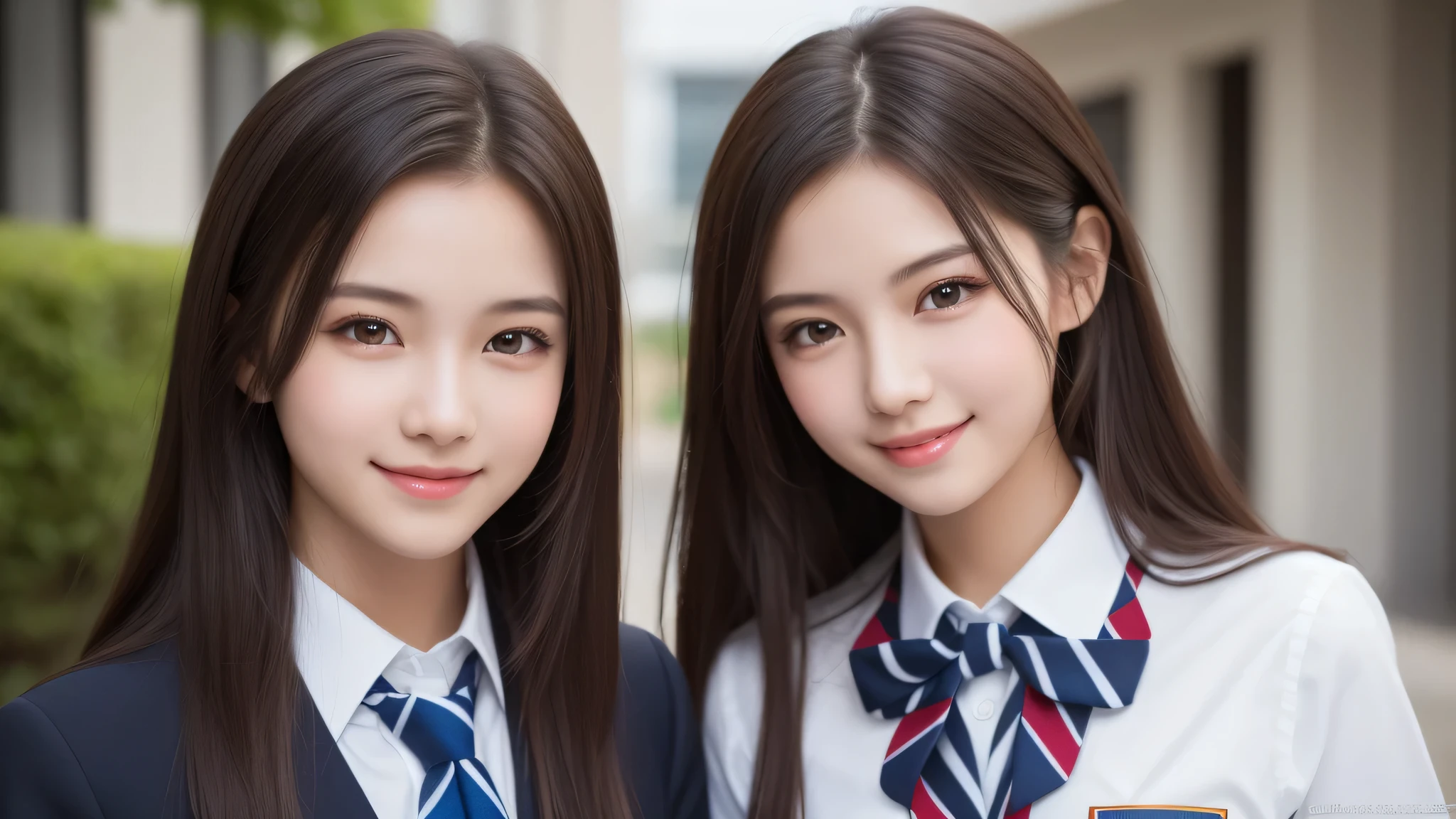2girl, beautiful girls, enchanting smile, (highly detailed eyes, highly detailed face), Fresh, very clean appearance, (hyper-realistic, hight resolution), (best Quality:1.4), Professional Photography, (high school uniform:1.2), focus on the face,