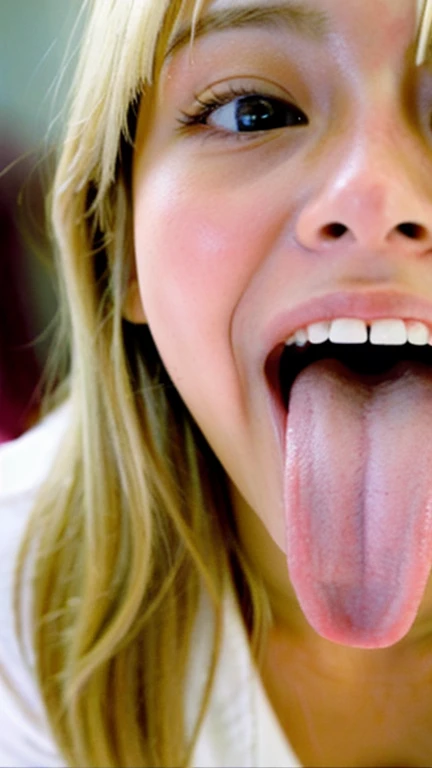 Japanese woman, beautiful girl, gal, blonde, baby face, highest quality realistic skin, eyes in focus, 20 years old, sticking out tongue, focus on mouth, open mouth, long tongue, saliva, open mouth wide, inside of mouth visible, open mouth and sticking out tongue