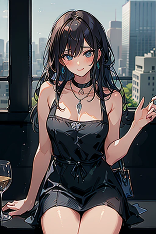 (higher resolution, distinct_image) The best quality, a woman, masterpiece, highly detailed, semi realistic, 26 years old, beautiful, young, handsome, interlaced white blue dress, small gem necklace on neck, exterior, cafe seat, window, sitting, afternoon, blush, smiling