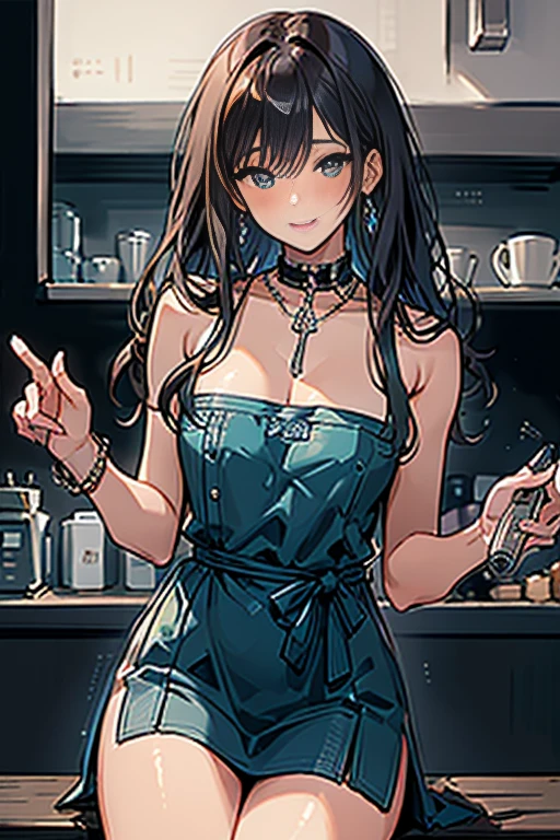 (higher resolution, distinct_image) The best quality, a woman, masterpiece, highly detailed, semi realistic, 26 years old, beautiful, young, handsome, interlaced white blue dress, small gem necklace on neck, exterior, cafe seat, window, sitting, afternoon, blush, smiling