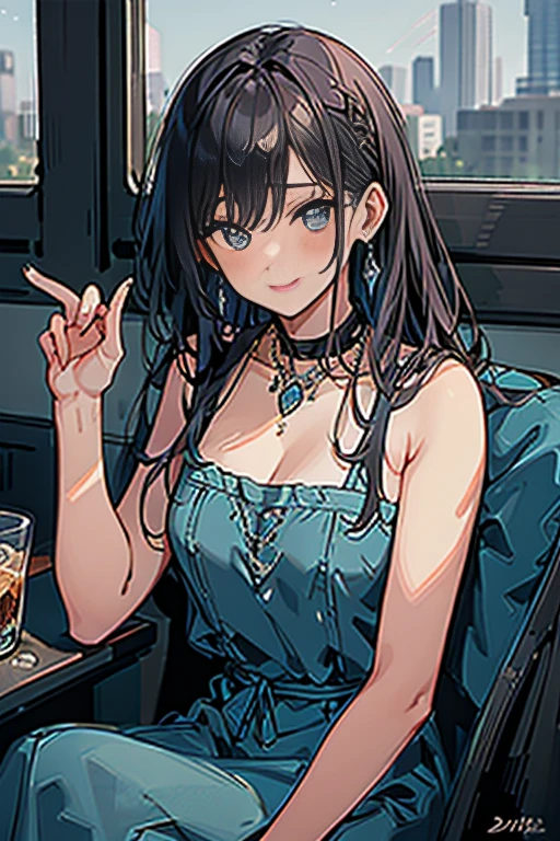 (higher resolution, distinct_image) The best quality, a woman, masterpiece, highly detailed, semi realistic, 26 years old, beautiful, young, handsome, interlaced white blue dress, small gem necklace on neck, exterior, cafe seat, window, sitting, afternoon, blush, smiling