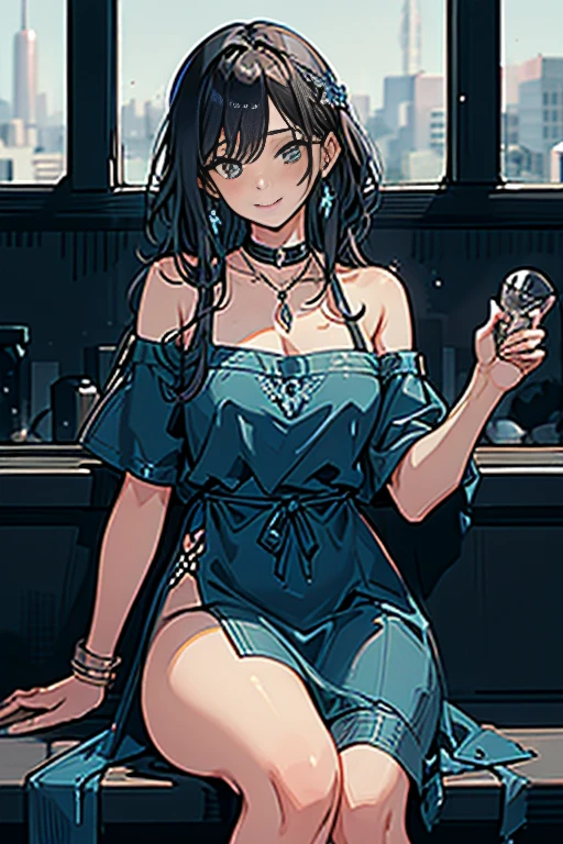 (higher resolution, distinct_image) The best quality, a woman, masterpiece, highly detailed, semi realistic, 26 years old, beautiful, young, handsome, interlaced white blue dress, small gem necklace on neck, exterior, cafe seat, window, sitting, afternoon, blush, smiling