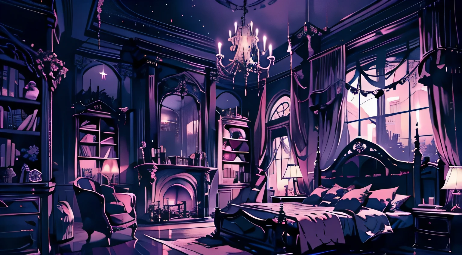 background、highest quality、detailed、Gothic atmosphere、Room illustration、、Illustration in black and pink tones、spacious room、night、深night、Beautiful night sky from the window、lace curtains、Gothic bed、one chandelier、Gothic furniture、Bookshelf、Plush rug、There are no living things、wide range composition、Deformed illustration、Dark atmosphere、The silence of the night、Starry Sky、Crescent Moon、Crescent Moon and star illumination、Nobody is here