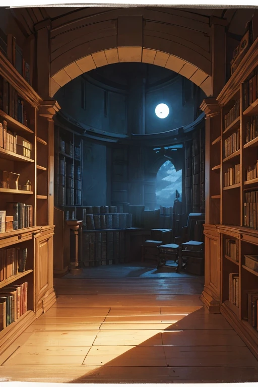 very tall round cylindrical room with walls covered by shelves for storing ancient scrolls, dimly lit with moonlight