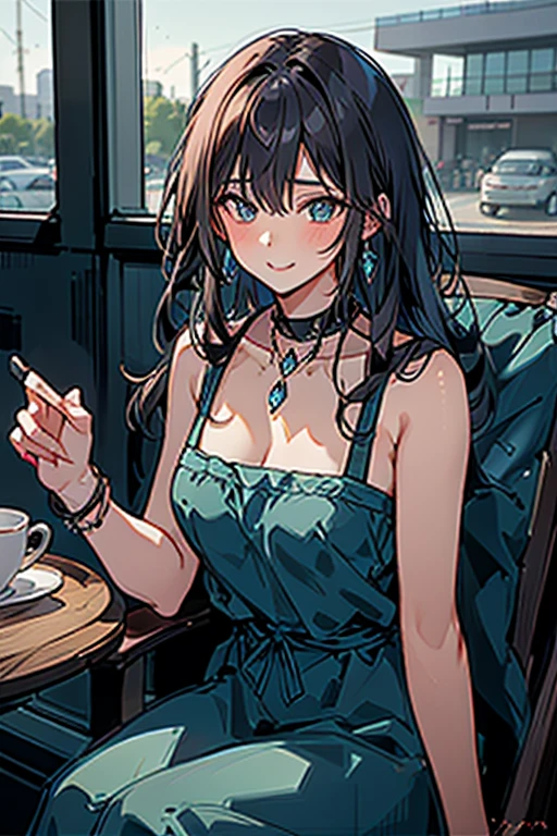 (higher resolution, distinct_image) The best quality, a woman, masterpiece, highly detailed, semi realistic, 26 years old, beautiful, young, handsome, interlaced white blue dress, small gem necklace on neck, exterior, cafe seat, window, sitting, afternoon, blush, smiling