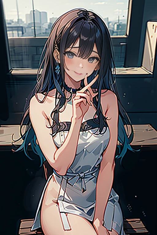 (higher resolution, distinct_image) The best quality, a woman, masterpiece, highly detailed, semi realistic, 26 years old, beautiful, young, handsome, interlaced white blue dress, small gem necklace on neck, exterior, cafe seat, window, sitting, afternoon, blush, smiling