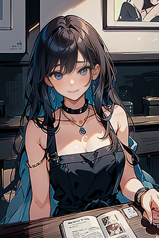 (higher resolution, distinct_image) The best quality, a woman, masterpiece, highly detailed, semi realistic, 26 years old, beautiful, young, handsome, interlaced white blue dress, small gem necklace on neck, exterior, cafe seat, window, sitting, afternoon, blush, smiling