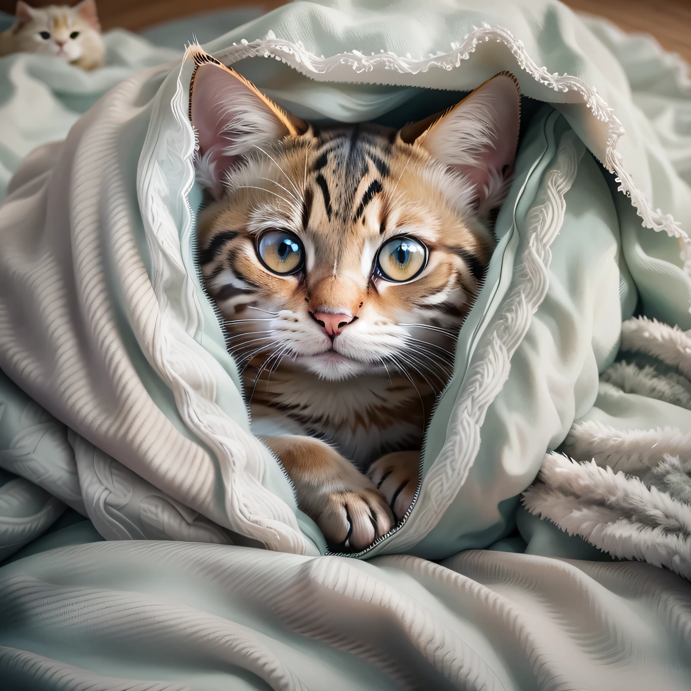 there is a cat that is concealment under a blanket, curled up under the covers, concealment, Staring at you, comfortable under the blanket, Cat Pictures, Covered with a blanket, Cute Cat Pictures, Frightened expression, Sick cat lying in the bedroom, Looking into the camera, With cute eyes, Found, Sharp Eye, cute cat