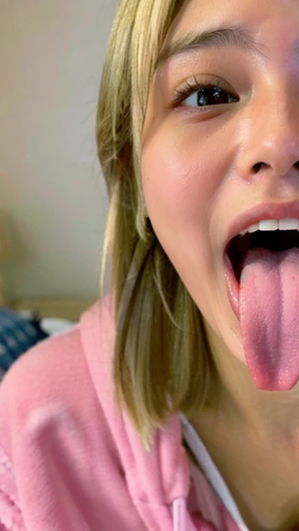 Japanese woman, beautiful girl, gal, blonde, baby face, highest quality realistic skin, eyes in focus, 20 years old, sticking out tongue, focus on mouth, open mouth, long tongue, saliva, open mouth wide, inside of mouth visible, open mouth and sticking out tongue