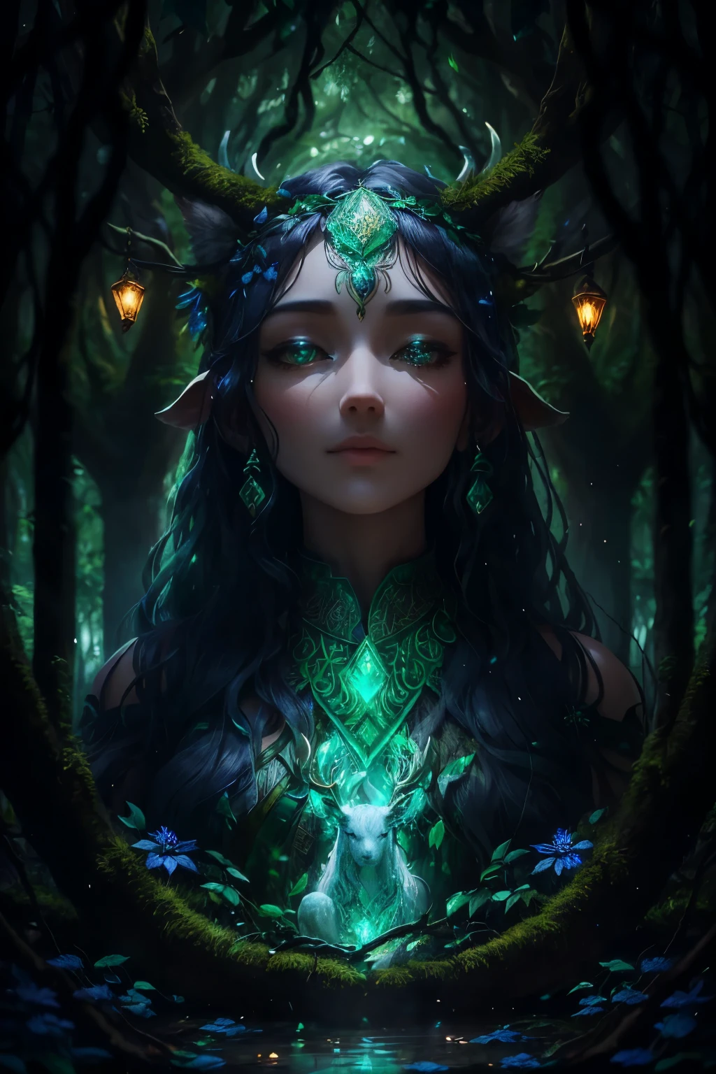 Amidst the hush of ancient trees, a mystical figure clad in emerald leaves and barkskin armor treads gently upon the forest floor. The air around them hums with the vitality of the wilds, as vines adorned with midnight blue flowers entwine around their limbs, pulsating in rhythm with the heartbeat of nature. The figure's eyes, like polished amber, glint through a mane of moss and foliage, reflecting a spirit deeply connected to nature's most guarded secrets. Atop their head, proud antlers, etched with ancient runic symbols, protrude, framing a visage that embodies serenity