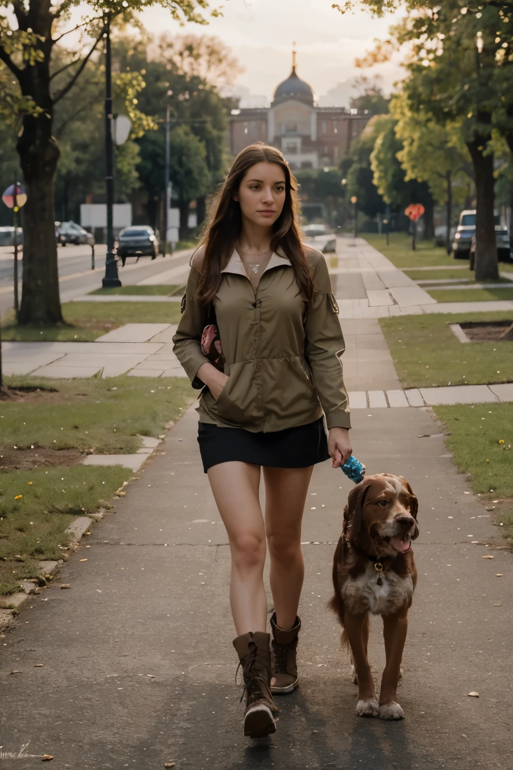 (best quality, realistc, highres)A german hard-haired pointer(1.2), muscular and strong (1.2), is taking a walk with a Russian girl. The girl has shoulder-length, straight, russet hair. The pointer has beautiful, intelligent eyes and a snub nose. The girl has fair, flawless skin and radiant eyes. They are walking together in a picturesque garden, surrounded by vibrant flowers and lush greenery. The pointer is wearing an expressive collar, and the girl is dressed in a flowing summer dress. The afternoon sun casts a warm golden light over the scene, illuminating their joyful expressions. The atmosphere exudes tranquility and serenity, capturing a beautiful moment of connection between the girl and her loyal furry companion.