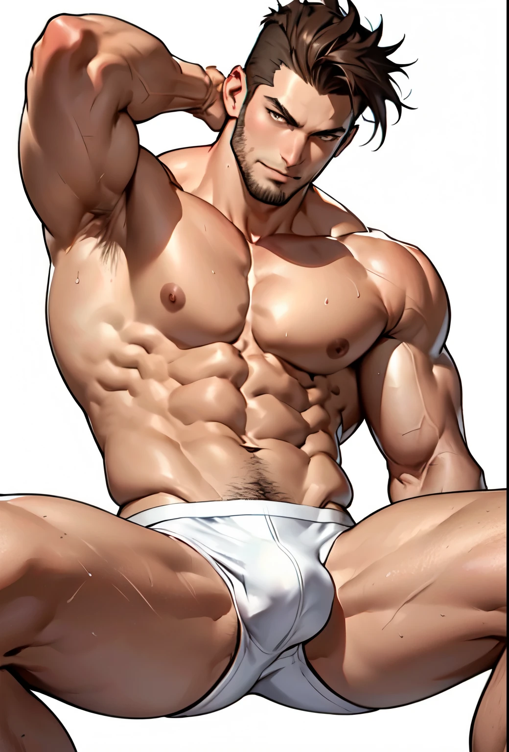 full length, 1 college student, perfect body,male body,strong muscles,Abdomen muscles are wavy..,abdomen, naked, nude, sexy male underwear,strong legs,spread your arms, looking at camera, anime style, Keep a flat head, brown hair, stand, Very detailed, 2d illustration, Done in Photoshop, bright colors, Composite lighting, beautiful and perfect face, stubble, Handsome, (White background:1.5), (blank background:1.5), Masculine shape, Manliness, dynamic poses, Dynamic angle, The image is clear and sharp, sexy male underwear,strong legs,spread your legs,Show your armpits, Lie down, underwear,Bend your chest..,wet body, Show off your arm muscles.,top view,naked, nude,