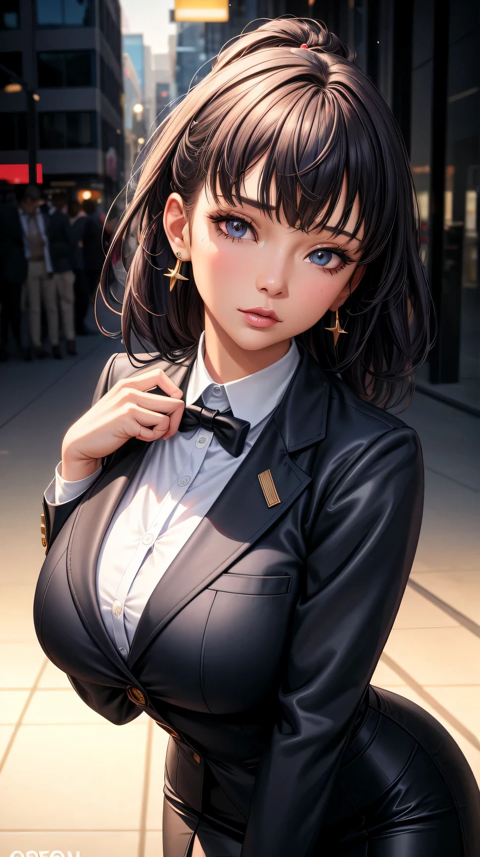 (best quality:1.5, highres, UHD, 4K, detailed lighting, shaders), black floral haired, gradient hair, large breasts, suit, gray shirt, social shirt, short skirt, mature woman , (pov), white background, colorful eyeshadow, dramatic lighting, sparkling eyes, sensual expression, golden earrings, flowing hair, delicate facial features, dark skin, high cheekbones, urban setting, white background, dont look for the camera, lean forward,  behind  the camera
