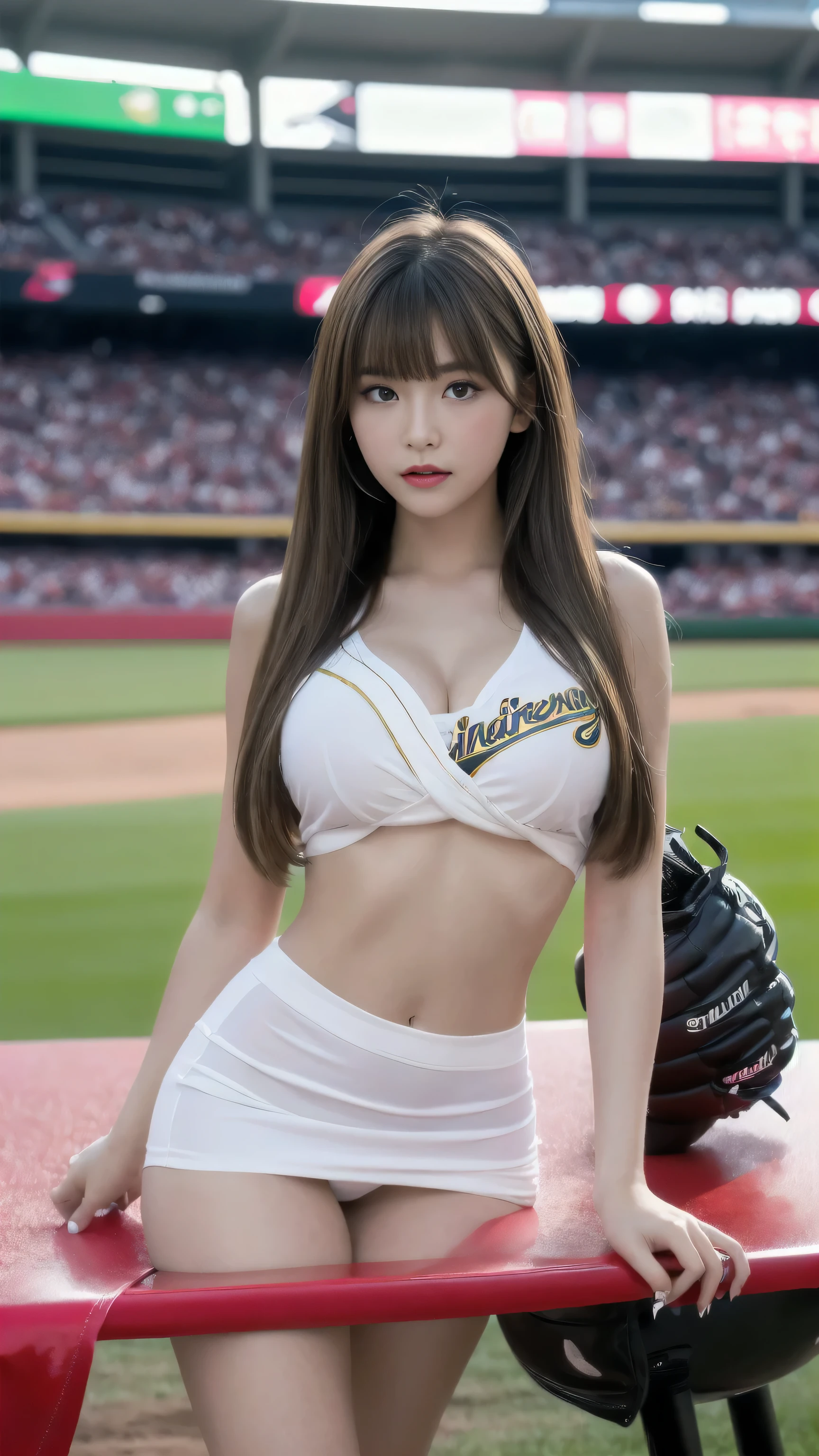 (highest quality, 8k, On the table, Ultra-high resolution: 1.3), One Girl, ,Light brown hair, Blunt bangs, hair behind the ear, hair over shoulders, Long Hair, Slim figure, Super thin face, Delicate lips, Beautiful Eyes, double eyelid, lipstick, Light blush ,Green Eyes ,perfect glowing skin,Perfect Skin,White skin,sweating,Captivate your gaze,Huge ,Hola, Very thin fingers,Sexy Cheerleading Costumes,inside stadium(Stand on the mound),first pitch ceremony,Pitcher Form Pitcher,Show off your breasts,Expose your breasts,Huge ,Huge ,
