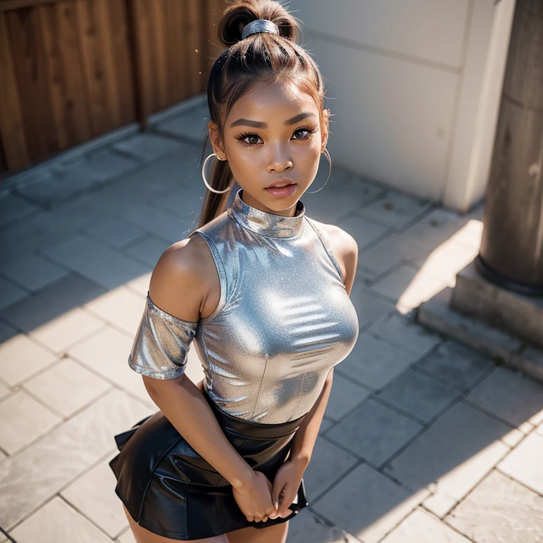 A blasian woman with pink ponytail, a youthful woman ((high ponytail)), 18 yo Blasian woman ((lifelike skin)) (( surprised facial expression )) very beautiful woman((thai features)) ((perfect heart shape face)) ((she has pink ponytail)) wearing a short black dress with silver boots, ((trendy short black dress)) ((silver boots)) standing outdoors near steps, twich gamer girl style,((detailed sharp pupils)) ((elaborate long eyelashes)) cute brown eyes ((big brown eyes with long eye lashes)) ((high ponytail hairstyle))RAW photo, 8K,DSLR, High quality image ((Hyper-realistic)) Perfect natural lighting, ((highly detailed)) hyperrealistic