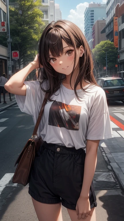 de primera calidad、Extremidades completas、dedos completos、una mujer hermosa、Hermosa tetona、Mujeres con cabello lacio、Brown haired woman、Top de punto naranja sin mangas con cuello alto、shorts blancos、pantimedias negras、Una gran sonrisa、street trees、Shibuya