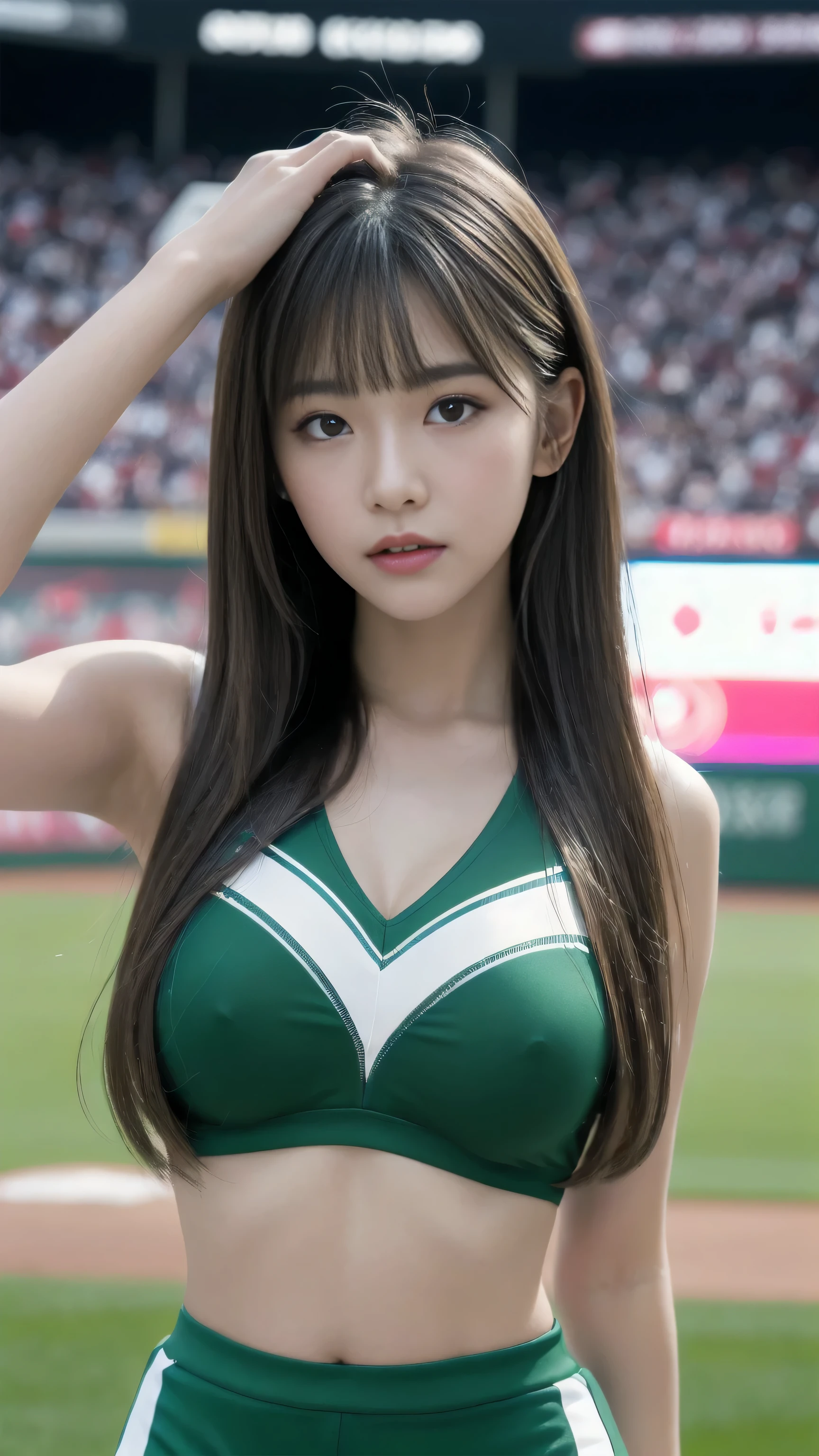 (highest quality, 8k, On the table, Ultra-high resolution: 1.3), One Girl,  ,Light brown hair, Blunt bangs, hair behind the ear, hair over shoulders, Long Hair,  Slim figure, Super thin face, Delicate lips, Beautiful Eyes, double eyelid, lipstick, Light blush ,Green Eyes ,perfect glowing skin,Perfect Skin,White skin,sweating,Captivate your gaze,Huge ,Hola, Very thin fingers,Sexy Cheerleading Costumes,inside stadium(Stand on the mound),first pitch ceremony,Pitcher Form Pitcher，Show off your breasts，Expose your breasts，Huge ，Huge ，