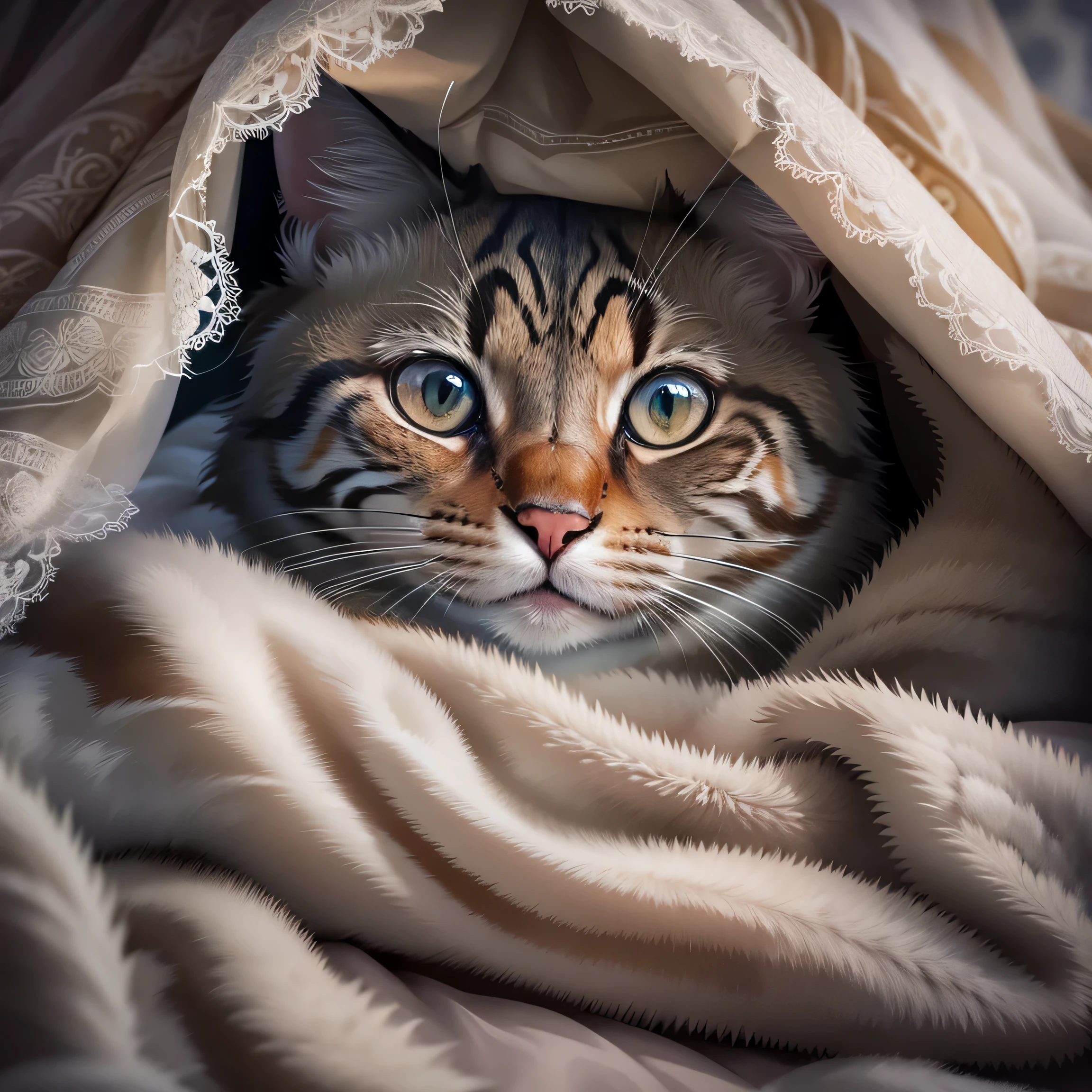 there is a cat that is concealment under a blanket, a photo by Niko Henrichon, Shutterstock, Photorealism, curled up under the covers, concealment, Staring at you, comfortable under the blanket, Cat Pictures, Covered with a blanket, Cute Cat Pictures, Frightened expression, Sick cat lying in the bedroom, Looking into the camera