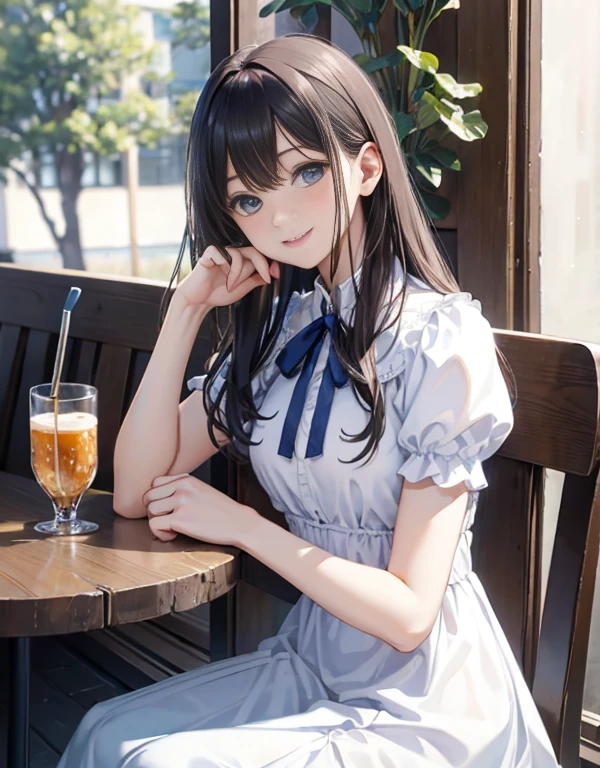 (higher resolution, distinct_image) The best quality, a woman, masterpiece, highly detailed, semi realistic, 26 years old, beautiful, young, handsome, interlaced white blue dress, small gem necklace on neck, exterior, cafe seat, window, sitting, afternoon, blush, smiling
