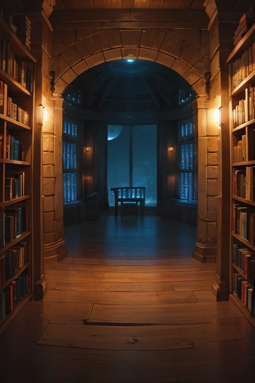 very tall round cylindrical room with walls covered by shelves for storing ancient scrolls, dimly lit at night