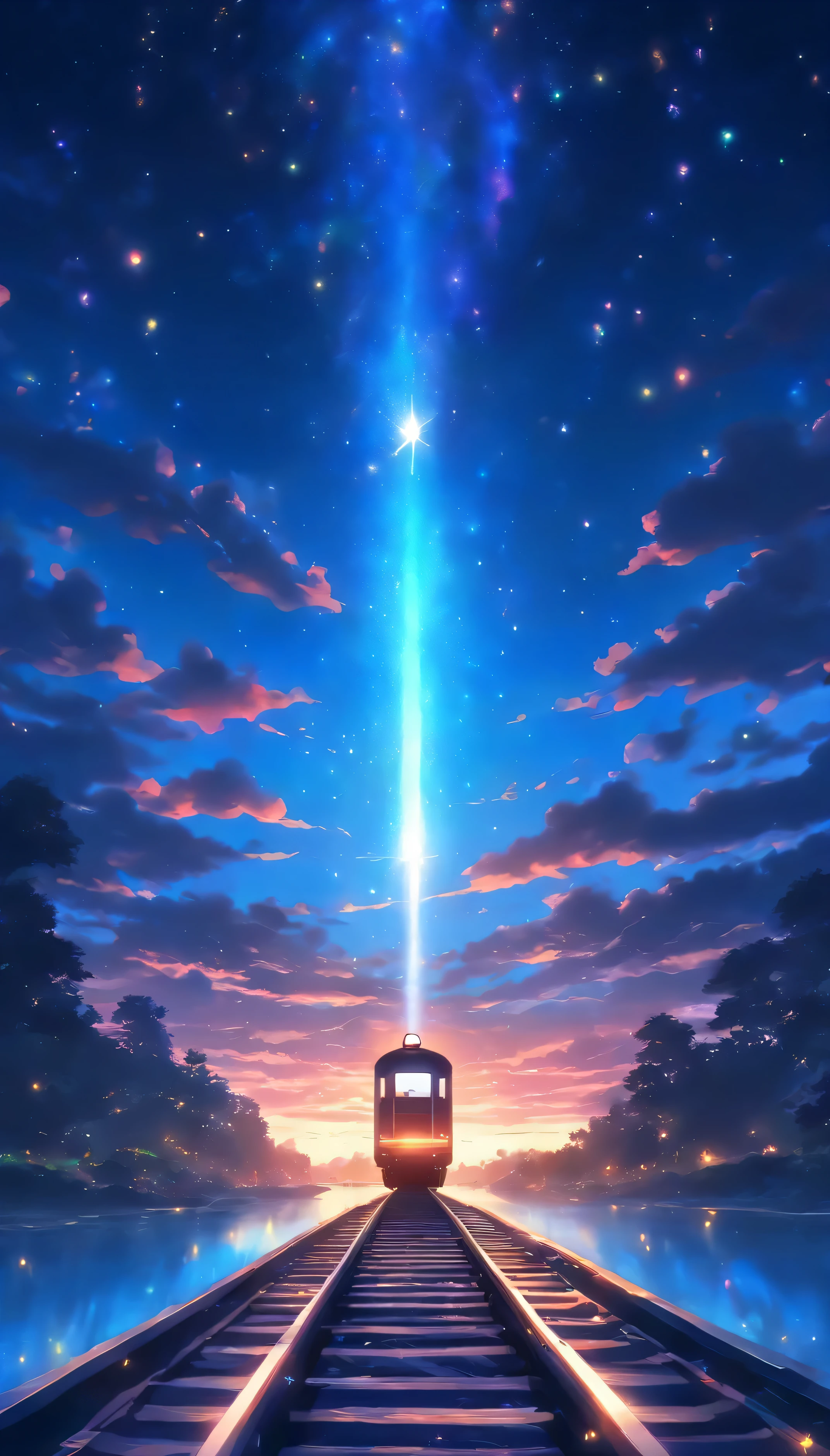 masterpiece, Cartoon train on tracks passing through body of water, Bright starry sky. Romantic train, Pictures of Shinkai Makoto, pure, Concept Art, Lofi Art style, reflection. author:Shinkai Makoto, Lofi Art, Beautiful anime scene, Anime Landscape, Detailed scenery —width 672, Shinkai Makoto's style, Xin Haicheng's style, Enhance details.