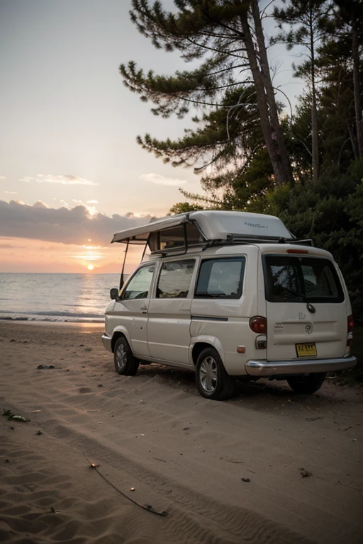 ((best quality)), ((masterpiece)), (detailed) small campervan near beach, sunset, sea, beach and forest, trees, grill next to van