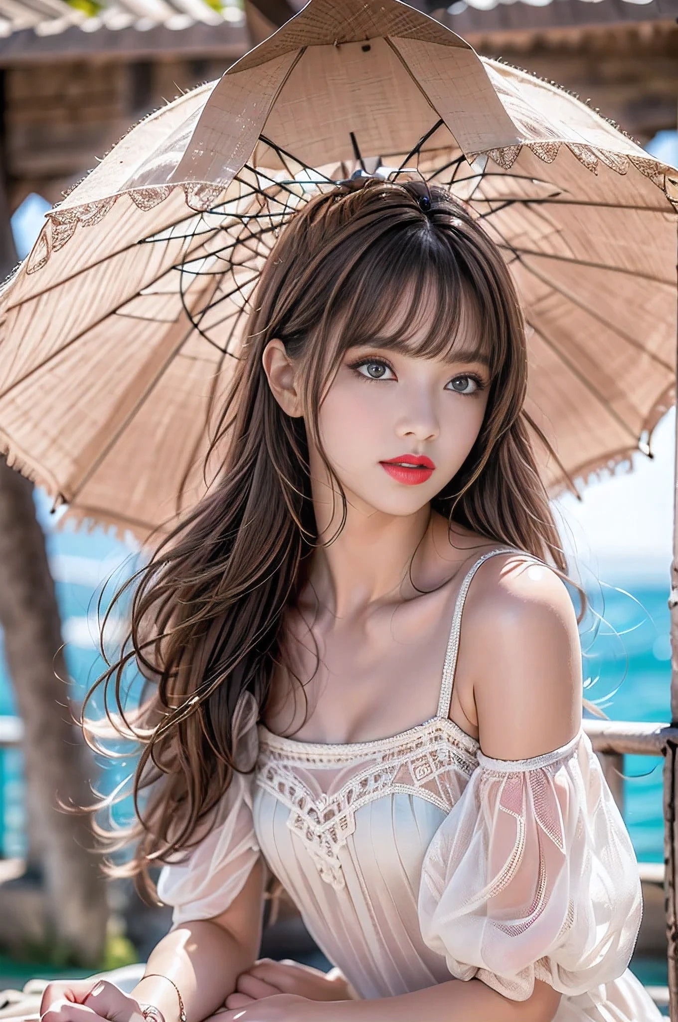 ((Ultra-realistic最high quality)) 32k resolution, ((photo realistic:1.55)), (1girl:1.4) 21years old、fashion supermodel、cinematic lighting, (Increase quality:1.2), (best quality real texture skin:1.2), (ultra detailed eyes:1.2)), finely detailed face, (finely quality eyes), (tired and sleepy and satisfied:0.0), (detailed lips:1.33)、(Detailed nose:1.2)、(((chrone:1.3))), (Increase body line mood:1.1), (Increase skin texture beauty:1.3), ((ccurate, award winning:1.4)), ((sharp focus)), (small head: 1.4)、(slim face), pink_makeup:1.25, long_blue_eyeliner:1.2, (red_lipstick:1.32), ((brown_eyes:1.35)) perfect dark_eyeshadows:1.3, Beautiful and charming woman in fashion trend, full body: 1.6, holding flowers, random hairstyle, sitting under a parasol, by the sea, tight slip dress random color, wind blowing hair, blue sky and white clouds, delicate sexy collarbone, covering chest, charming goose egg face, double eyelids, smart peach blossom eyes, small upturned nose, bare shoulders, ultra-high definition, super detail, fresh and good, see-through, pink