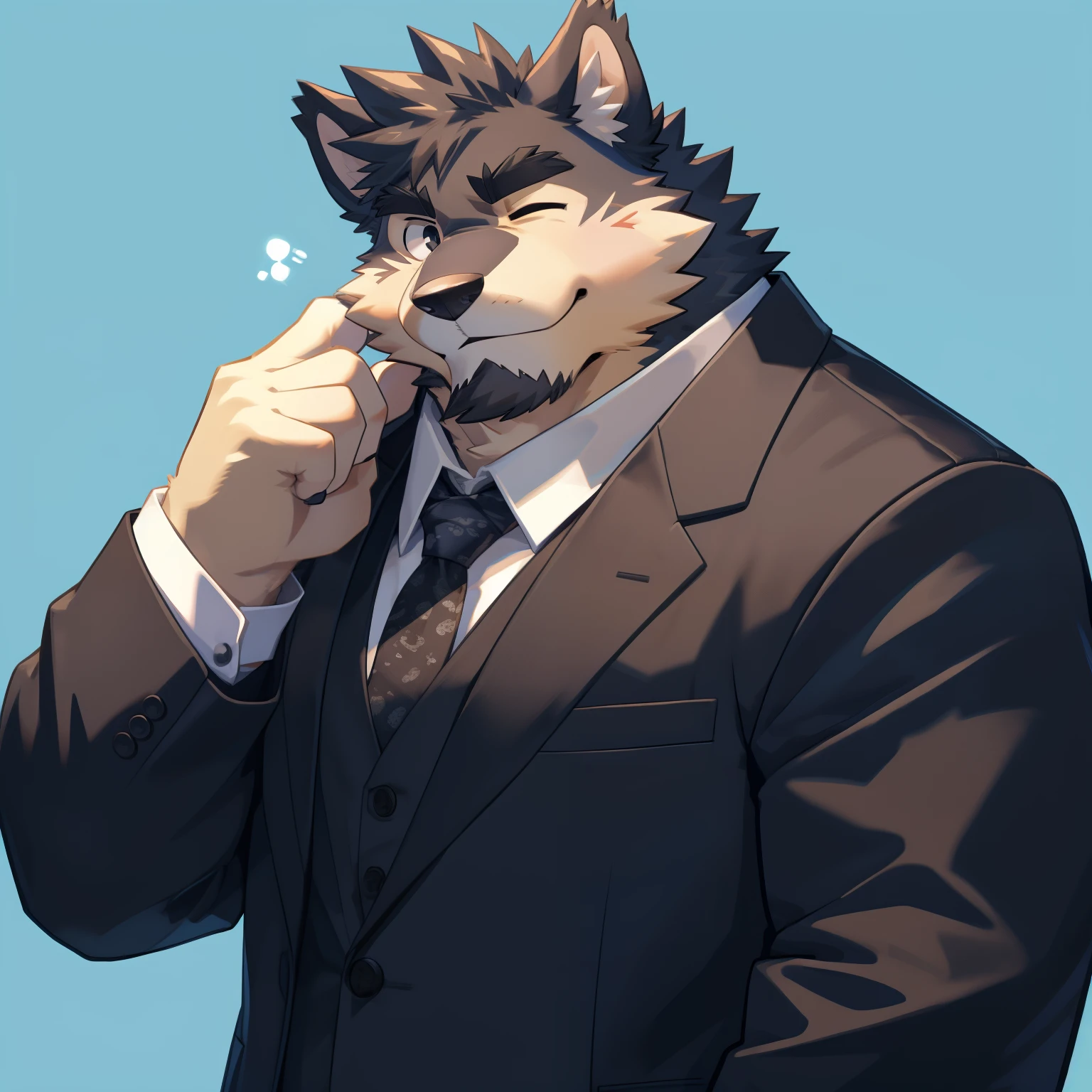 Scribble 德国牧羊dog face,Cute face,Humanity(dog),(Suit:1.3),Chubby,(Black eyebrows:1.1),（With one eye closed:1.2）,(perfect black eyes),Simple background, Blue Background,print style。（Artist:Takemoto Arashi）