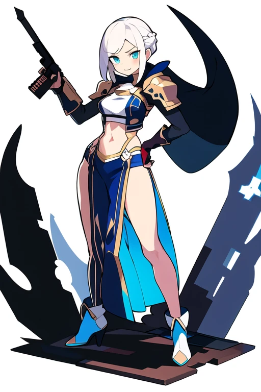 stand posture, cute eyes, 1girl, solo, high fantasy cloth, ((white background)), full body, holding weapon, crop top, character design, vivid color,