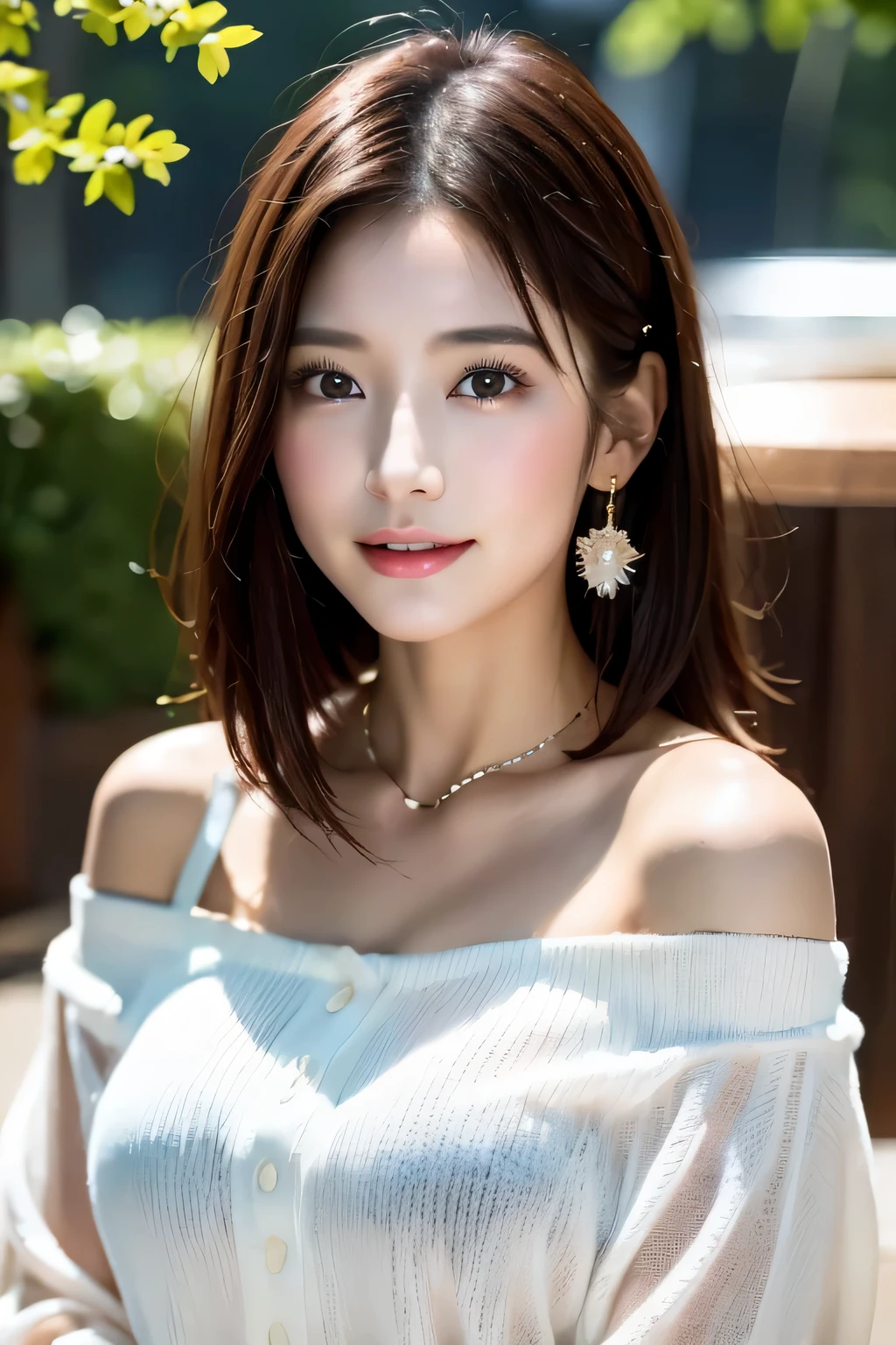 8K, On the table, RAW photogr, Best quality at best, realisticlying, Highly detailed CG Unity 8k wallpaper, depth of fields, 电影灯光, lens flare glow, Ray traching, (Extremely beautiful face, beautifullips, pretty eyes), Intricately detailed face, ((Ultra-delicate skin)) 1 girl in,  deepshadow, Beautiful Korean girl, K-pop idol, 1 girl, ((looking at viewert)),(Hefty Smile:1.3), (vague background), dim murky lights), (no people in background:1.3), Beautiful earrings, bangle, a necklace,  Clear  eyes, Street photography , Front Shooting, (pale-skinned), (largeeyes),  (Bust photo), (brown  hair), White knitwear,