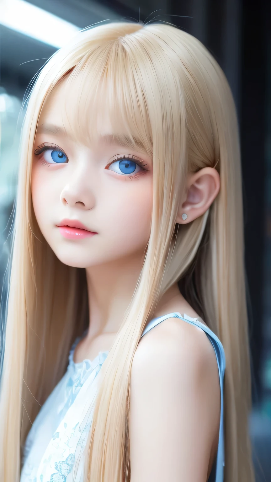 One beautiful girl、Portrait、、blue sky、Bright and very beautiful face、young, Very white shiny skin、The best beauty、Super long blonde hair with dazzling light reflections、Beautiful natural platinum blonde super long silky straight hair、long bangs between the eyes,、Extraordinarily beautiful 15-year-old、Large, shining, clear, light blue eyes、Very big eyes、Small Face Girl、round face、Cheek gloss highlight