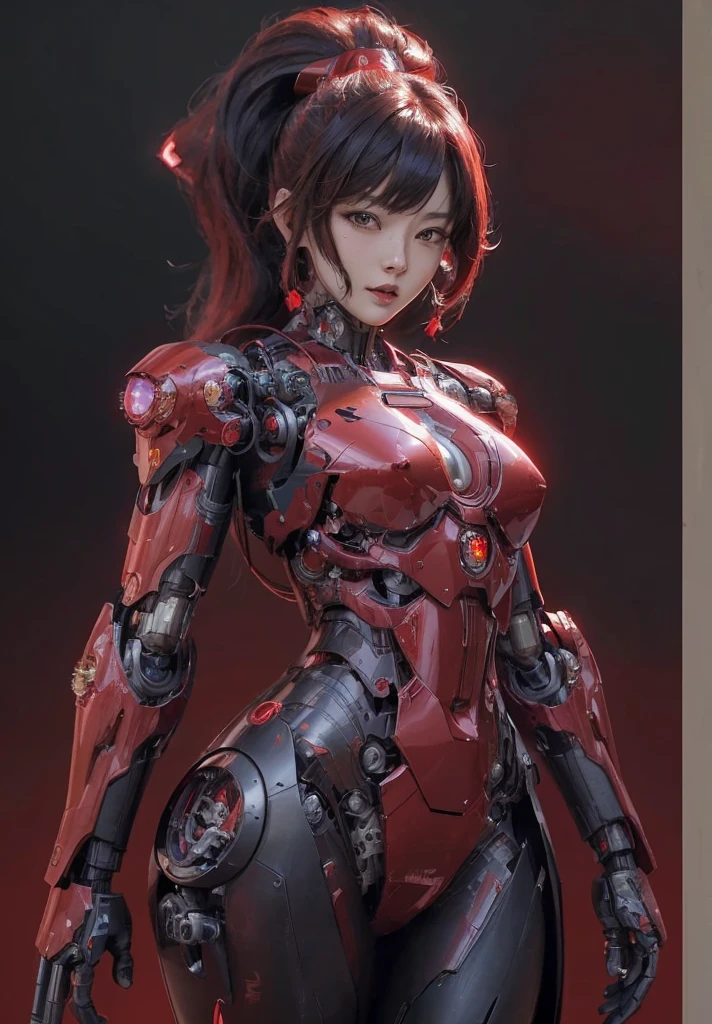 a woman in a red and black suit with a gun, girl in mecha cyber armor, female mecha, by Russell Dongjun Lu, [ trending on cgsociety ]!!, cgsociety and fenghua zhong, cyborg girl, perfect anime cyborg woman, lady in red armor, cute cyborg girl, beautiful female android!, by Jeremy Chong, japanese cyborg