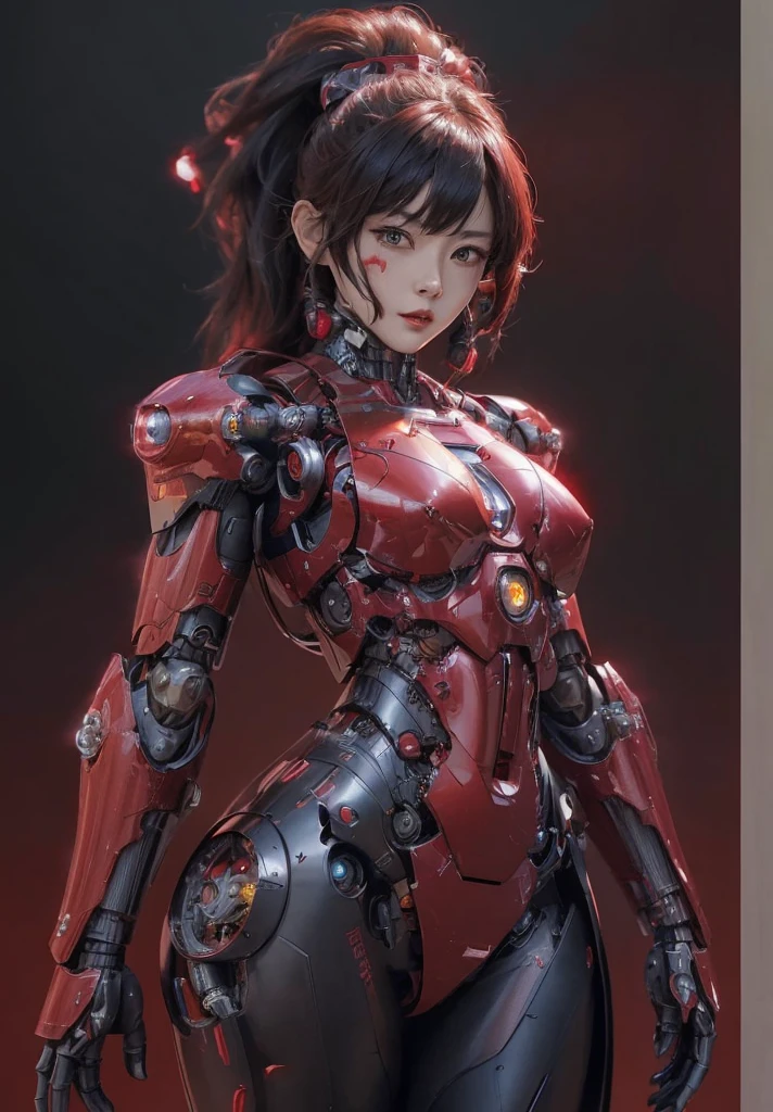 a woman in a red and black suit with a gun, girl in mecha cyber armor, female mecha, by Russell Dongjun Lu, [ trending on cgsociety ]!!, cgsociety and fenghua zhong, cyborg girl, perfect anime cyborg woman, lady in red armor, cute cyborg girl, beautiful female android!, by Jeremy Chong, japanese cyborg