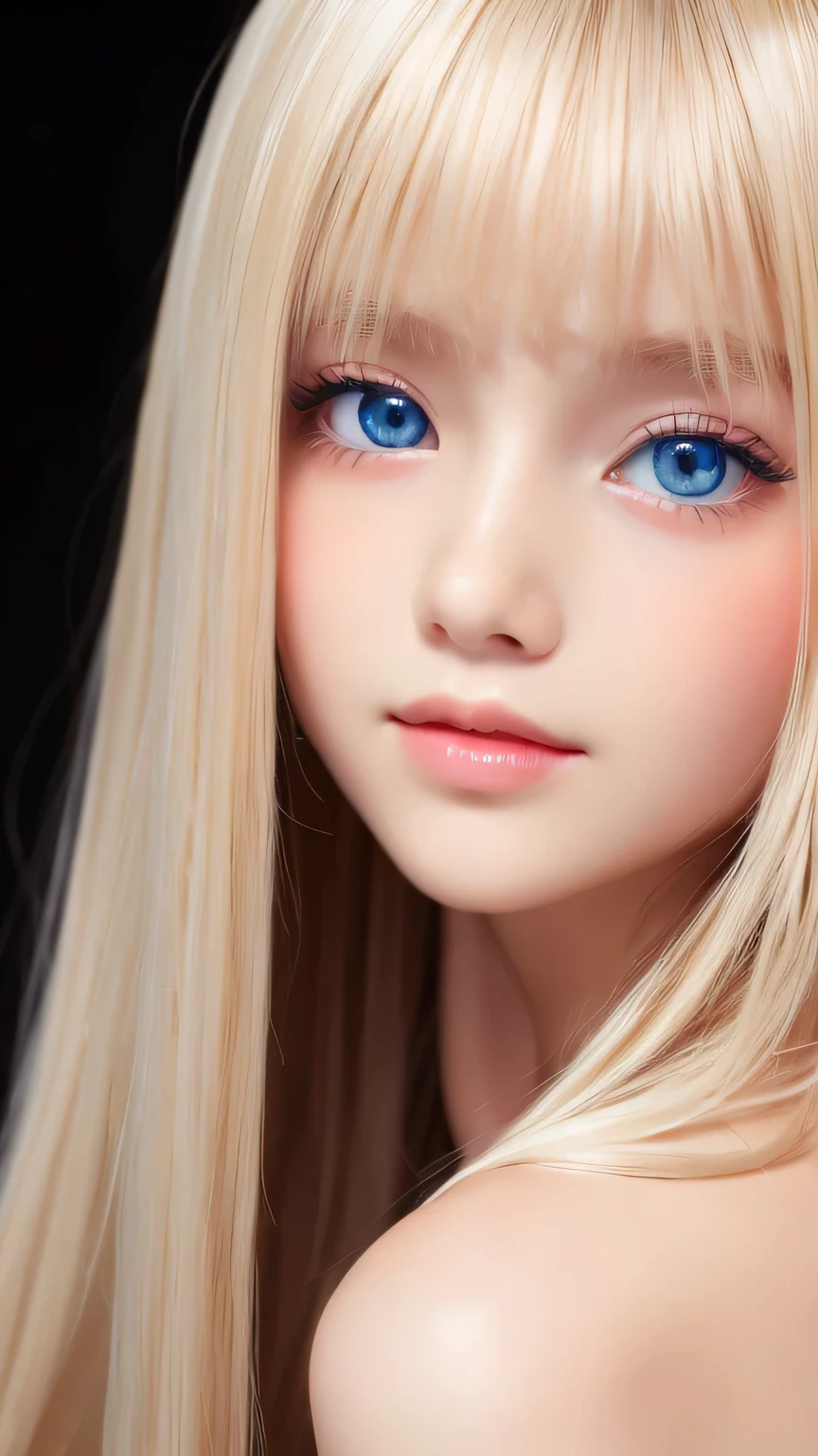 One beautiful girl、Portrait、、blue sky、Bright and very beautiful face、young, Very white shiny skin、The best beauty、Super long blonde hair with dazzling light reflections、Beautiful natural platinum blonde super long silky straight hair、long bangs between the eyes,、Extraordinarily beautiful 15-year-old、Large, shining, clear, light blue eyes、Very big eyes、Small Face Girl、round face、Cheek gloss highlight